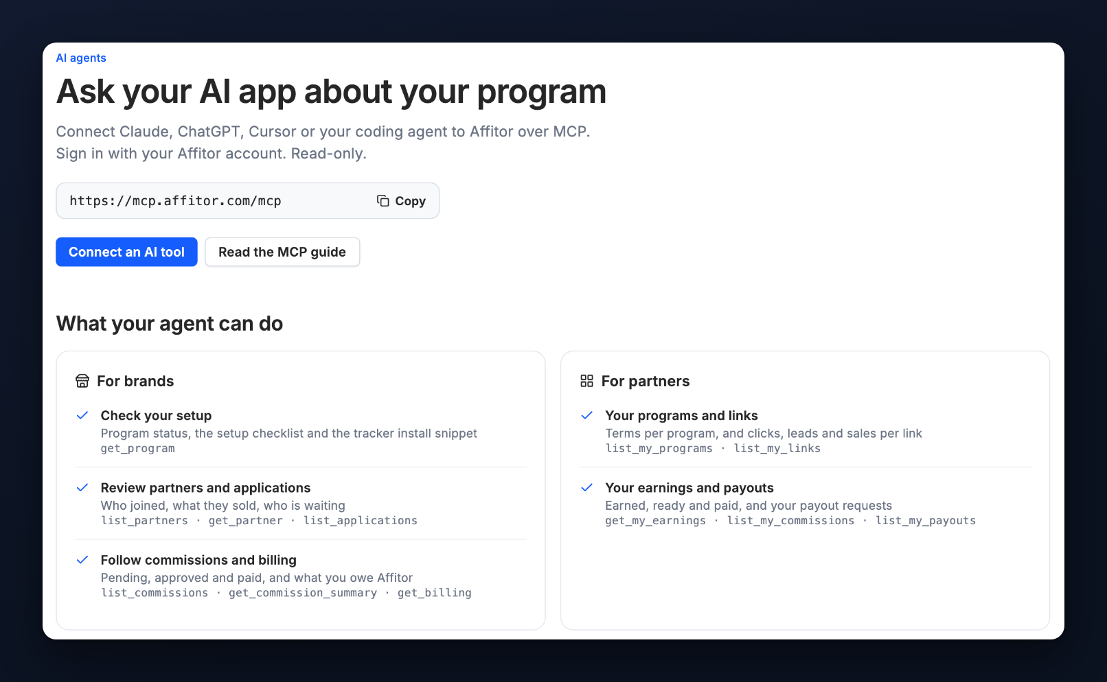 The AI agents page with the server address and a Copy button, and what an agent can do for brands and for partners
