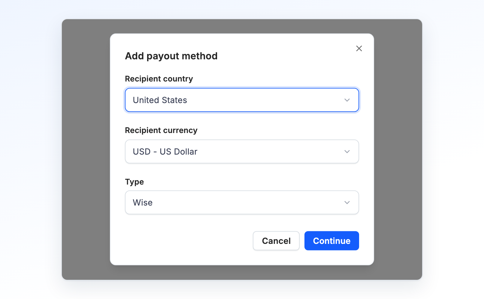 The Add payout method dialog with recipient country, currency and Wise as the type
